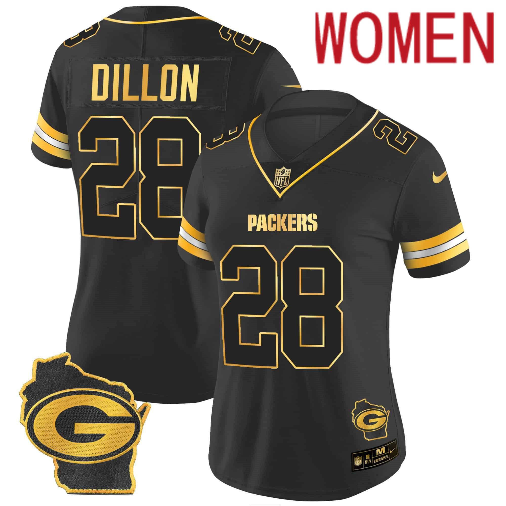 Women Green Bay Packers #28 Dillon Black Gold 2024 Nike Home Patch Vapor NFL Jersey style 2->women nfl jersey->Women Jersey